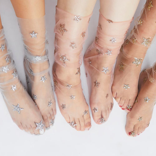 Leeci — Soft Mesh Glitter Star Socks for Women