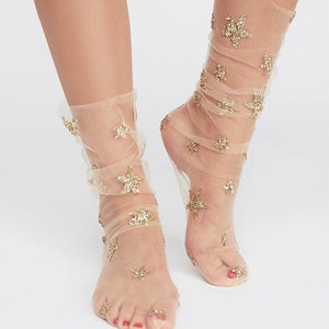 Leeci — Soft Mesh Glitter Star Socks for Women